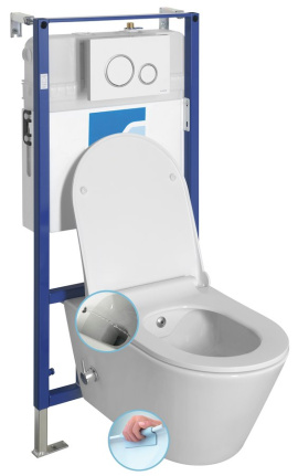 Závesné WC AVVA CLEANWASH, integr. batéria a bidet. sprška s podomietkovou nádržkou a tlačidlom Schwab, biela