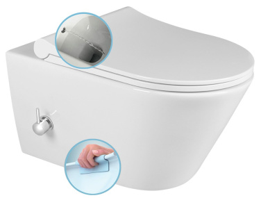 AVVA CLEANWASH závesná WC misa, Rimless, integrovaná batéria a bidetová sprška 35,5x53cm, biela