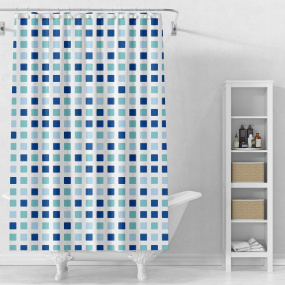Sprchový záves 180x180cm, vinyl, biele, modré kocky